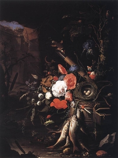 Still Life in a Grotto with Flowers, Fish and a Bird's Nest by Abraham Mignon