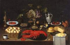 Still Life of Fruit, a Lobster, Cheeses and Drinking Vessels with a Parrot and a Squirrel on a Table by Artus Claessens