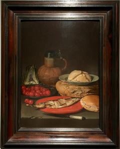 Still life with an artichoke, a Siegburg jug, a Wan Li dish with butter, cherries and a herring by Clara Peeters