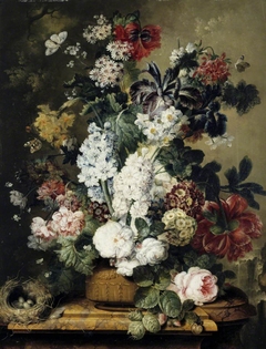 Still life with Roses, Peonies, Primroses, Narcissi and Hyacinths by Jacobus Linthorst