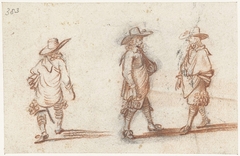 Studieblad met drie weergaven van een lopende heer by Gesina ter Borch