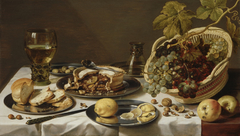 Tabletop Still Life with Mince Pie and Basket of Grapes by Pieter Claesz