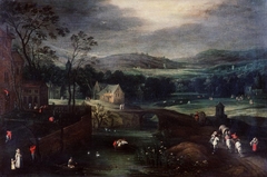 Townscape with extensive landscape by Dutch School