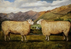 Two Sheep in profile, face to face, in a Lakeland Landscape with Troutbeck Church in the distance by William Taylor Longmire