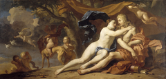 Venus tracht Adonis te weerhouden van de jacht by Karel Dujardin