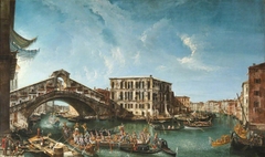 View of the Rialto Bridge and the Palazzo dei Camerlenghi with the festive entry of the Patriarch Antonio Correr in 1737 by Michele Marieschi