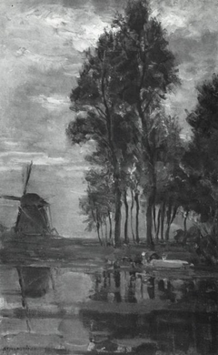 Windmill near tall trees with woman at the wash stoop by Piet Mondrian