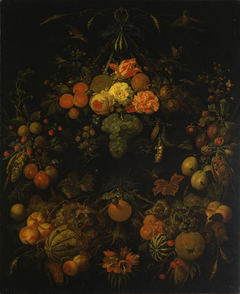 Wreath of fruit, with some flowers, suspended from a metal ring by Abraham Mignon