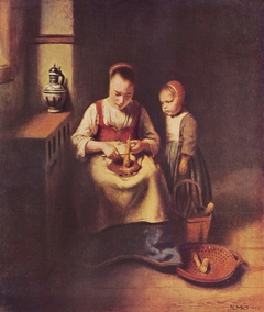 Young woman grating carrots, with a child watching by Nicolaes Maes