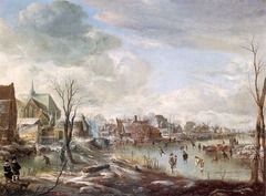 A Frozen River near a Village, with Golfers and Skaters by Aert van der Neer