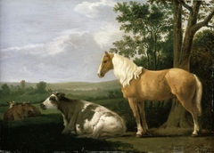 A Horse and Cows in a Landscape by Abraham van Calraet