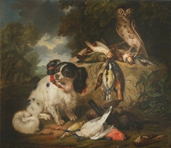 A King Charles Spaniel and an Owl with Dead Game Birds by Anonymous