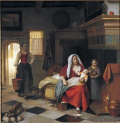 A mother with two children and a maid with a pail by a fireplace by Pieter de Hooch