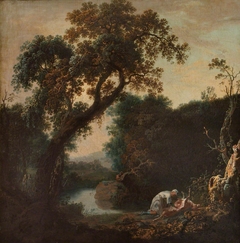 A River Landscape, with a Man observed gralloching a Deer by Anonymous