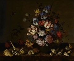 A vase of flowers with shells on a ledge by Balthasar van der Ast