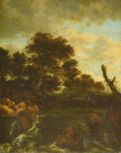 A waterfall with a wooden bridge by Jacob Isaacksz. van Ruisdael