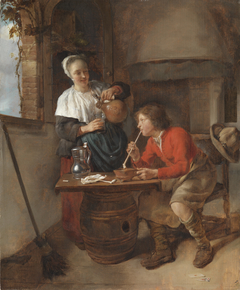 A Young Woman Pouring Beer and a Young Man Smoking by Gabriël Metsu