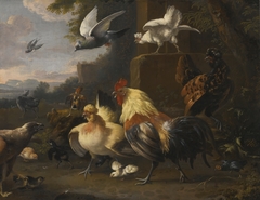 An Eagle, a Cockerell, Hens, a Pigeon In Flight and Other Birds by Melchior d'Hondecoeter