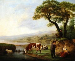 An Old Man conversing with a Seated Mother and Child in a River Landscape by Dutch School