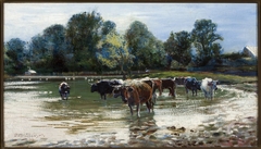 Cows wading in the river by Stanisław Masłowski