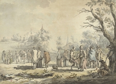 Dansende landlieden en toeschouwers bij een dorp by Jean-Jacques de Boissieu