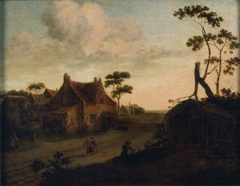 Dorpsgezicht met huizen en vervallen schuur en op de achtergrond een kerktoren by Emanuel Murant