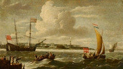 Dutch Warship anchored in a Bay with Boats coming ashore by Dutch School