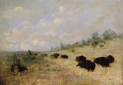 Elk and Buffalo Grazing among Prairie Flowers, Texas by George Catlin