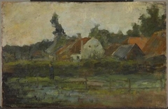 Farm buildings with fence in foreground by Piet Mondrian