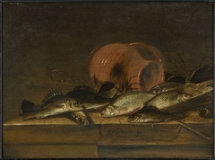 Fish still life with stoneware pitcher by Johannes Kuveenis