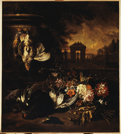 Fleurs et gibier mort devant un paysage by Jan Weenix