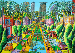 Rothschild avenue folk artist naive paintings naife art paintings orbanic landscape paintings by Raphael Perez