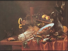 Game, shellfish, fruit and asparagus with a cat by Carstian Luyckx