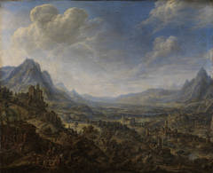 Gebirgslandschaft mit Blick in ein weites Flußtal by Herman Saftleven