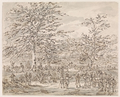 Gezicht op een legerplaats tussen bomen by Gerardus Emaus de Micault