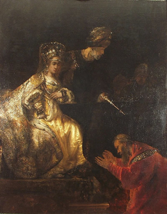 Haman begs Esther for his life (Esther 7:7-9) by Rembrandt