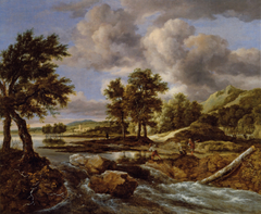 Hilly Landscape with a Fisherman at a Waterfall by Jacob van Ruisdael