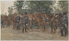 Huzaren staande naast hun paarden langs de kant van de weg by George Hendrik Breitner