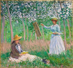 In the Woods at Giverny: Blanche Hoschedé at Her Easel with Suzanne Hoschedé Reading by Claude Monet