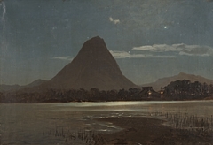 Japan, Binnlandsee mit erleuchtetem Tempel am Ufer und Vulkanberg by Carl Saltzmann