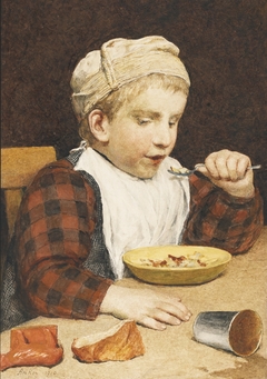 Knabe mit Mütze beim Essen by Albert Anker