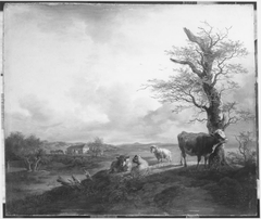 Kuh, Kalb und Schafe unter einer Buche by Max Joseph Wagenbauer