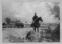 Landscape, gentleman on horse + working peasant + sheep by Paul Friedrich Meyerheim