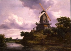 Landscape with a windmill by a river by Jacob van Ruisdael