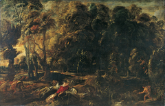 Landscape with Atalanta and Meleager pursuing the Calydonian boar (Ovid, Metamorphoses, VIII, 229-237) by Jacob Jordaens