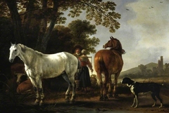 Landscape with figures and horses by Abraham van Calraet