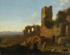 Landscape with figures and ruins by Cornelius van Poelenburgh