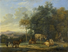 Landscape with Two Donkeys, Goats and Pigs by Karel Dujardin