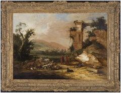 Landschap met rechts begroeide ruïne by Jacobus Mancadan