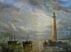 Marine with Boats, Lighthouse and Figures by François Musin